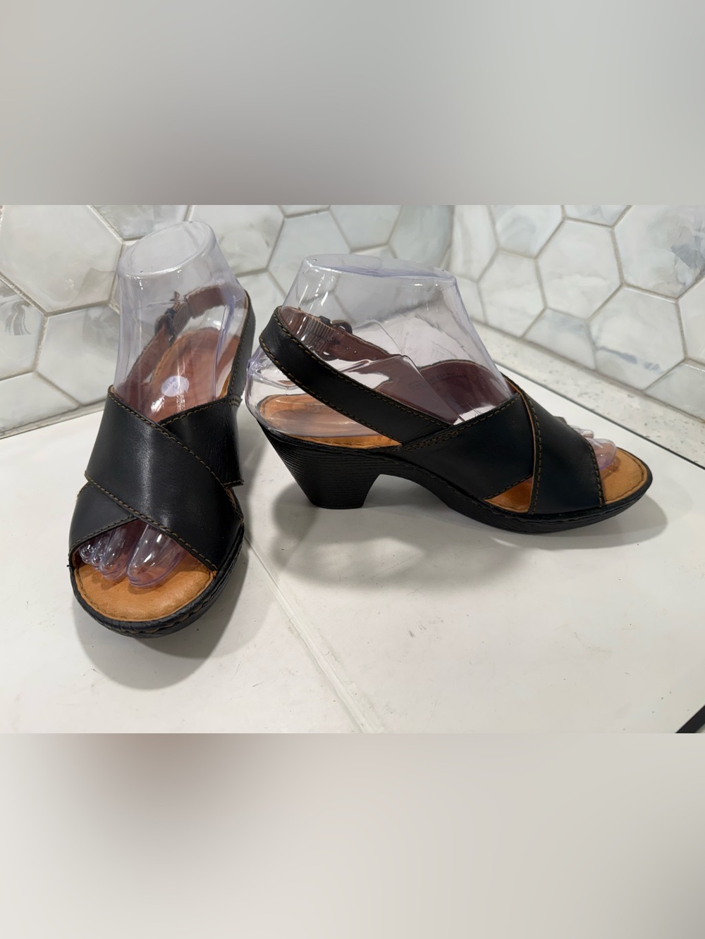Børn Black Leather Platform Slingback Heeled Sandals Size 6 M Crossover Straps